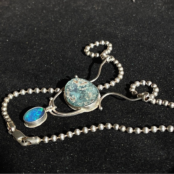 Vintage Unique Roman Glass and Opal Sterling Silver Necklace on Ball Chain - Picture 4 of 14